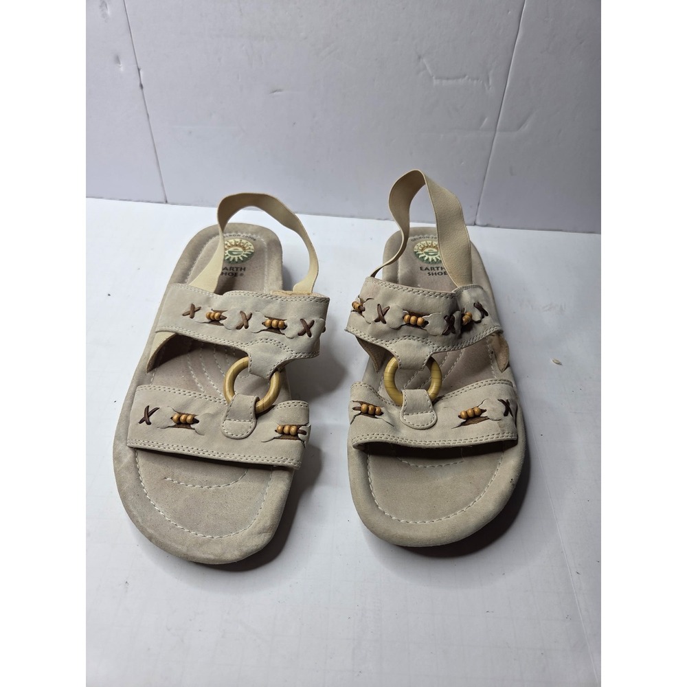 Earth Shoe Bradley WW Beige Leather Slingback Sandals Beads Women 9.5 W 7302396